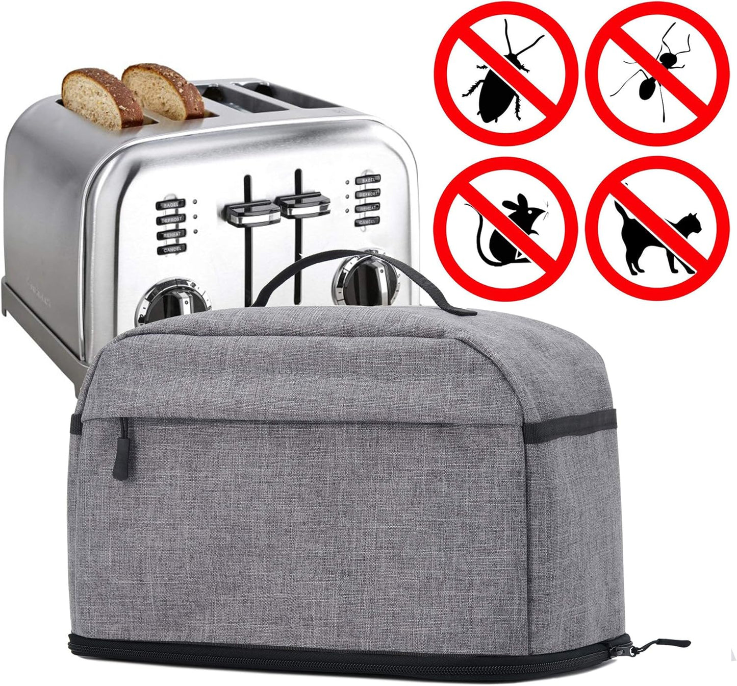 VOSDANS 4 Slice Toaster Cover, Gray, 2-in-1 Toaster Bag with Pockets, Machine Washable, Patent Design