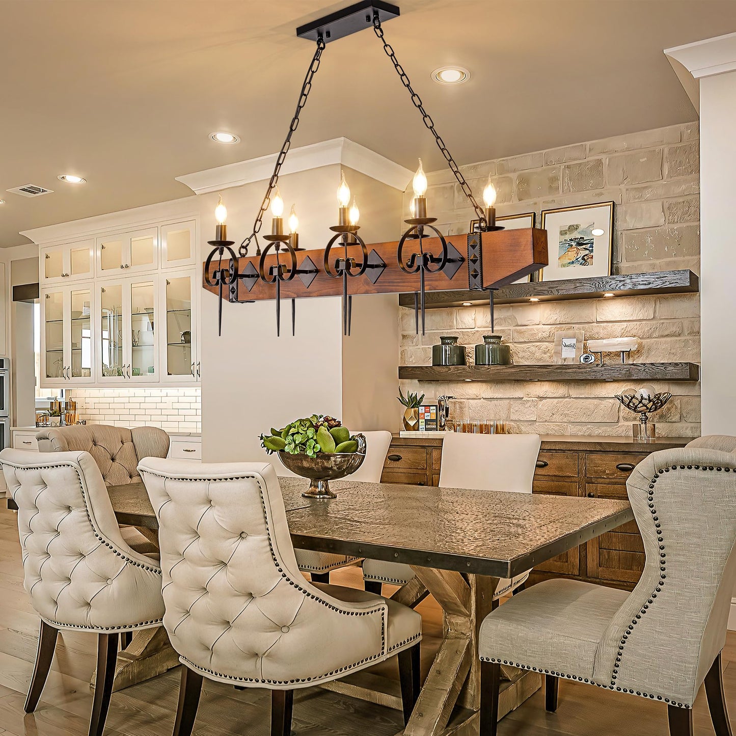TOCHIC 48 Inch Black Farmhouse Chandelier, 8-Light Rustic Wood Chandeliers for Dining Room, Western Kitchen Pendant Lighting Over Island, Large Ceiling Light Fixture for Living Room, Bedroom, Bar