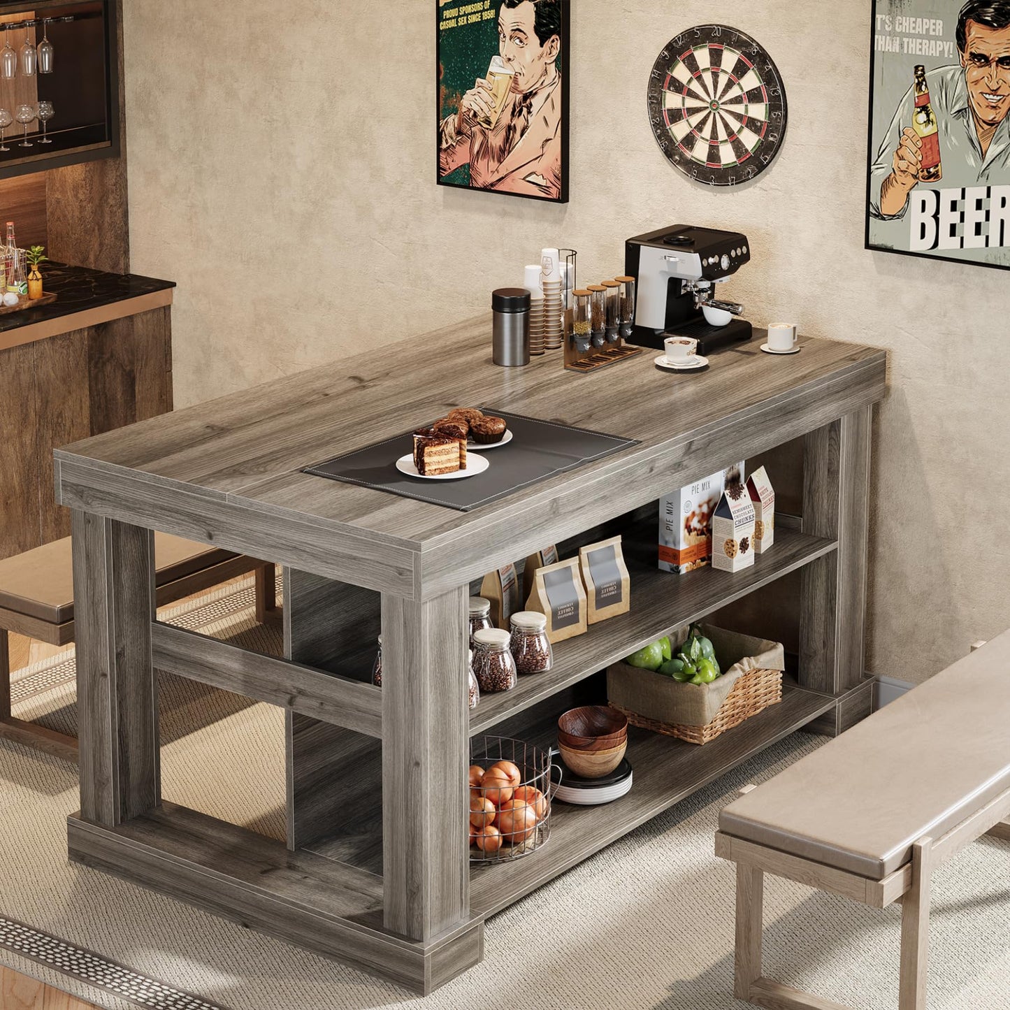 Tribesigns 55" Kitchen Island with Seating and Storage, 3-Tier Farmhouse Wood Stationary Island Table with Large Worktop & Leg Room, Coffee Bar Table with Storage Shelves for Kitchen, Grey