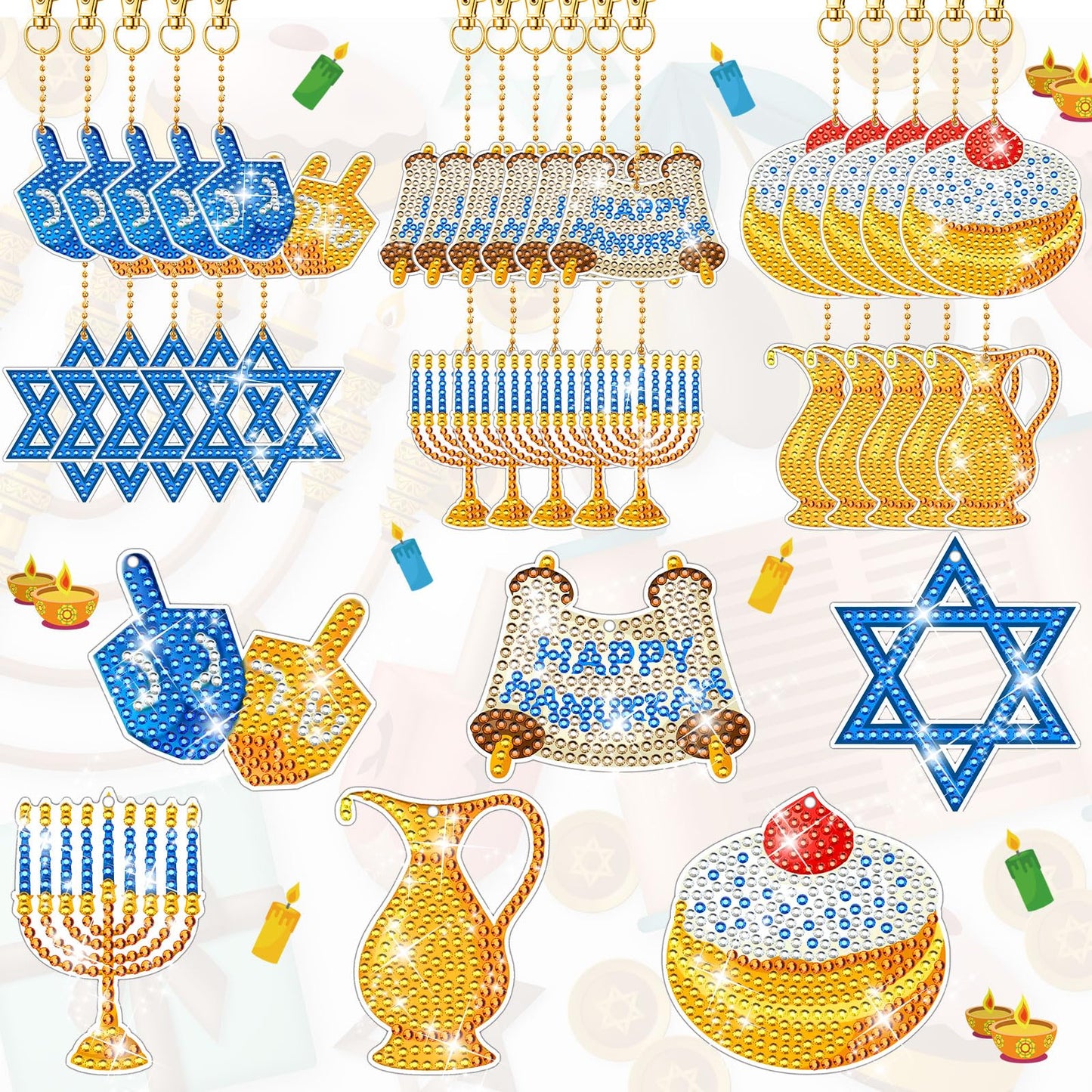 DEEKIN 30 Pcs Hanukkah Diamond Painting Keychains Hanukkah Crafts Ornaments Keychains Double Sided 5D Star Menorah Diamond Key Rings for Hanukkah DIY Birthday Party Supplies Favors
