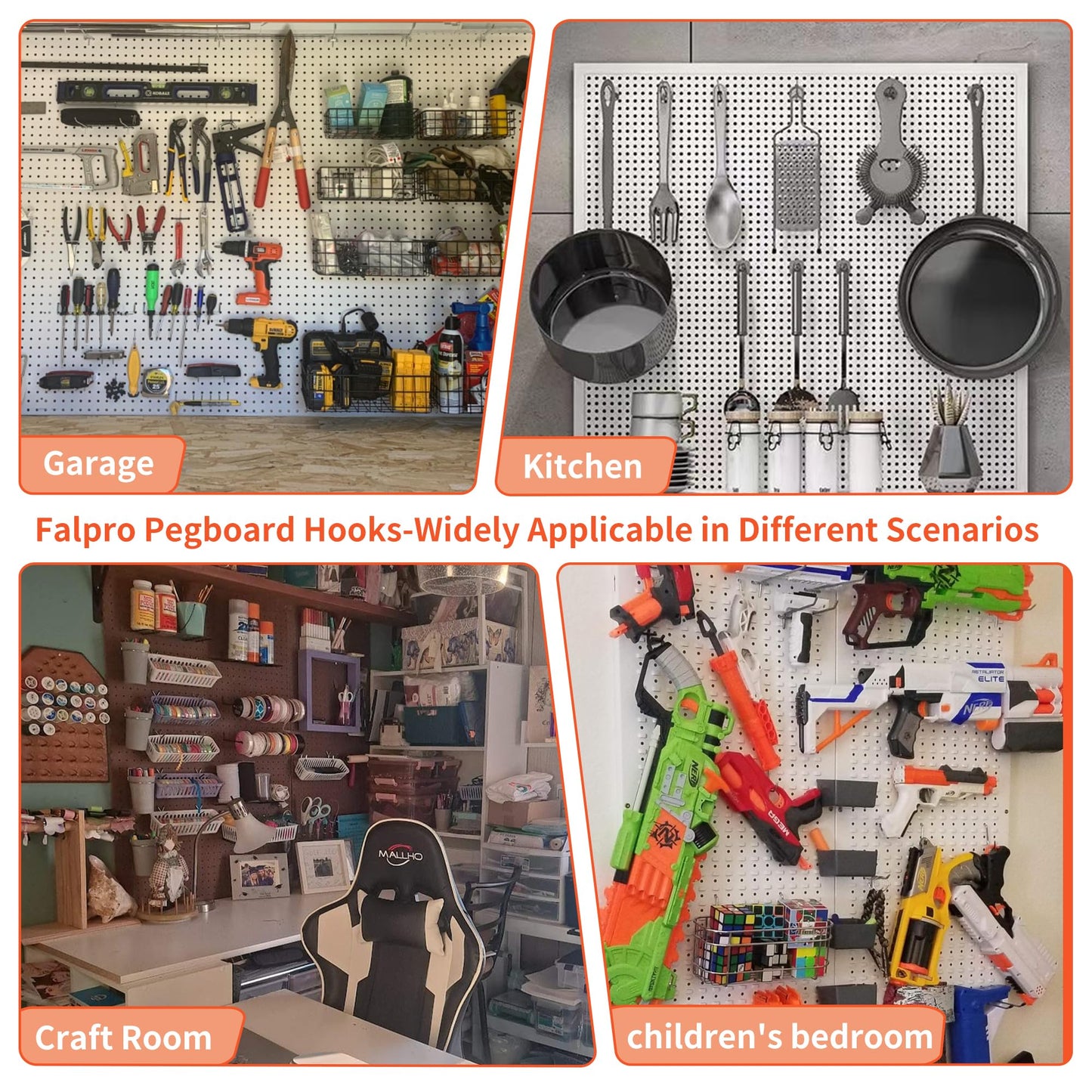 FALPRO 130PCS Pegboard Hooks Assortment - Peg board Hooks for Hanging Tools with Pegboard Bins & Cups,1/8-Inch Pegboard Wall Organizer - Ideal for Organizing in the Garage Kitchen Workbench Craft Room