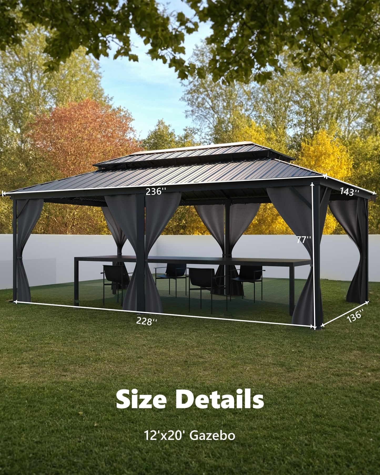 KYBOLT 12x20 Ft Hardtop Gazebos with Heavy Duty Double Roof, Nettings and Curtains Galvanized Steel Outdoor Gazebos for Patio, Backyard, Deck, Lawn (Grey)