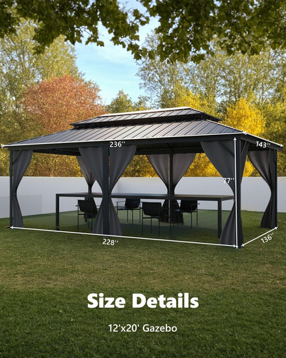 KYBOLT 12x20 Ft Hardtop Gazebos with Heavy Duty Double Roof, Nettings and Curtains Galvanized Steel Outdoor Gazebos for Patio, Backyard, Deck, Lawn (Grey)