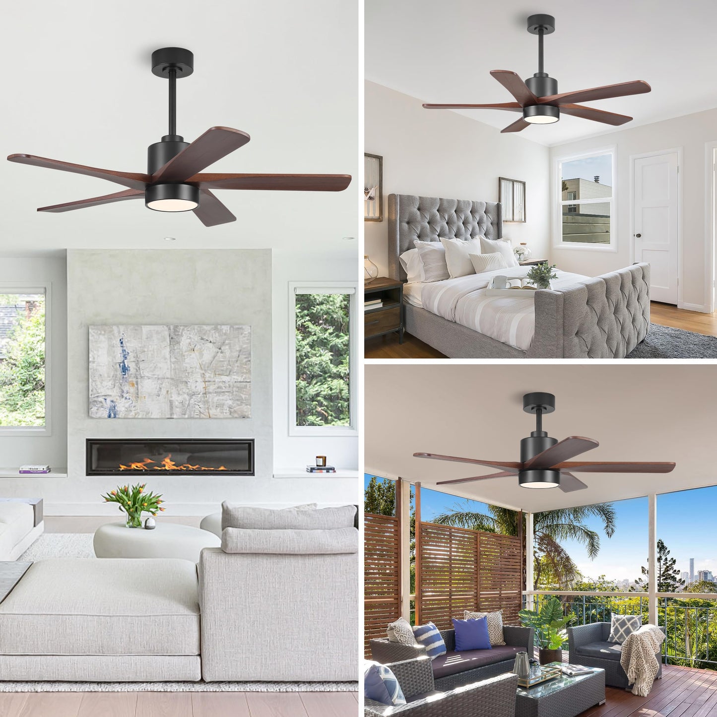 WINGBO 48 Inch DC Ceiling Fan with Lights and Remote Control, 5 Carved Solid Wood Blades, 6-Speed Noiseless Reversible DC Motor, Indoor Ceiling Fan in Matte Black Finish with Walnut Blades