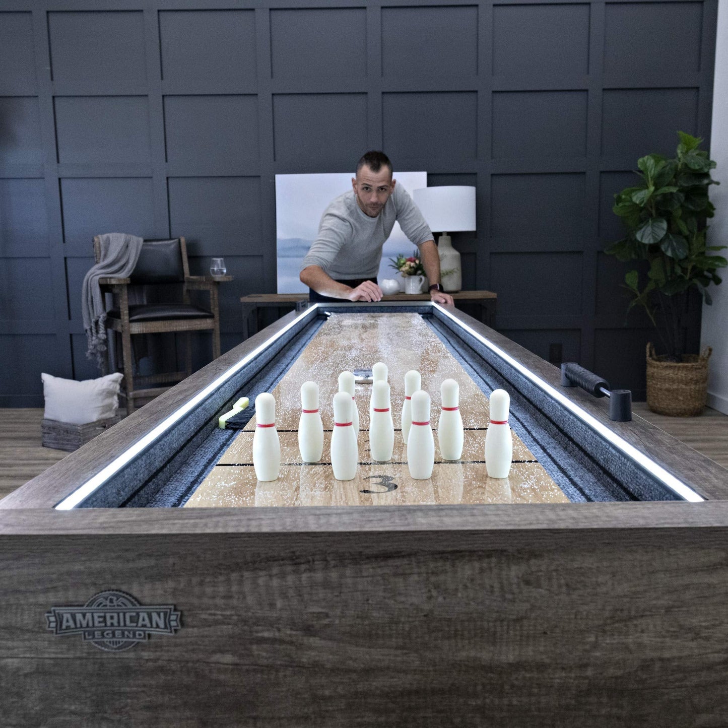 American Legend Kirkwood 9’ Shuffleboard Table with LED Rails, Bowling Game Set, Rustic Wood Finish & Accessories Included