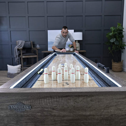 American Legend Kirkwood 9’ Shuffleboard Table with LED Rails, Bowling Game Set, Rustic Wood Finish & Accessories Included