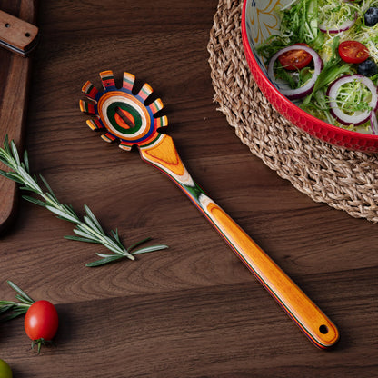 LEHAHA 13'' Wooden Pasta Spaghetti Spoon with Teeth, Pakkawood Fork Serving Utensil, Pastas Spatula Kitchen Tool, Slotted Pasta Spaghetti Strainer Spoon for Cooking Serving, Stirring & Serving Noodles