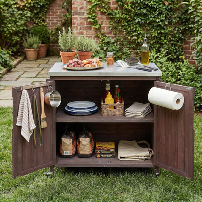 Merax Farmhouse 42." Grill Cart with Stainless Steel Top & Side Shelf, Outdoor Grill Station w/Adjustable Shelf & Lockable Wheels, Modular Kitchen Island for Food Prep & BBQ, Dark Brown