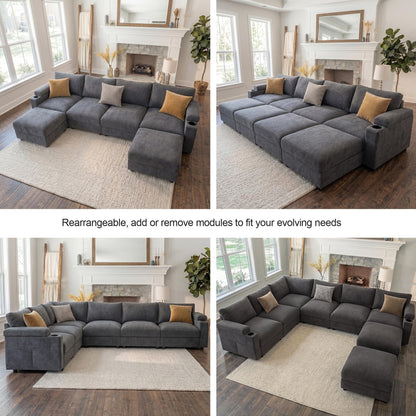 Sectional Couches for Living Room FSC Certified Velvet Modular Couch Oversized Cloud U Shaped Convertible Sleeper Sofa Chaise Detachable Armrest Cushion (Velvet Grey, 4 Seat)