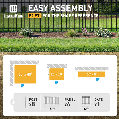 Fencer Wire 52FT Heavy Duty Flat Top Fence Barrier Kit, Anti-Rust Metal Steel Fence with 5FT Height X 8FT Width Panels, Gate, Posts, Connectors, Outdoor Fencing for Yard, Pool, Patio