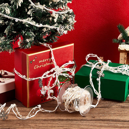Taiyin 2 Rolls Snowflake Christmas Beads Ribbon 5.5 Yards Christmas Tree Trim Rope White Bead Pearl Ribbon Xmas Decoration for Gift Wrapping, Wreath, Garland, DIY Crafts Ornaments, Wedding Party Decor