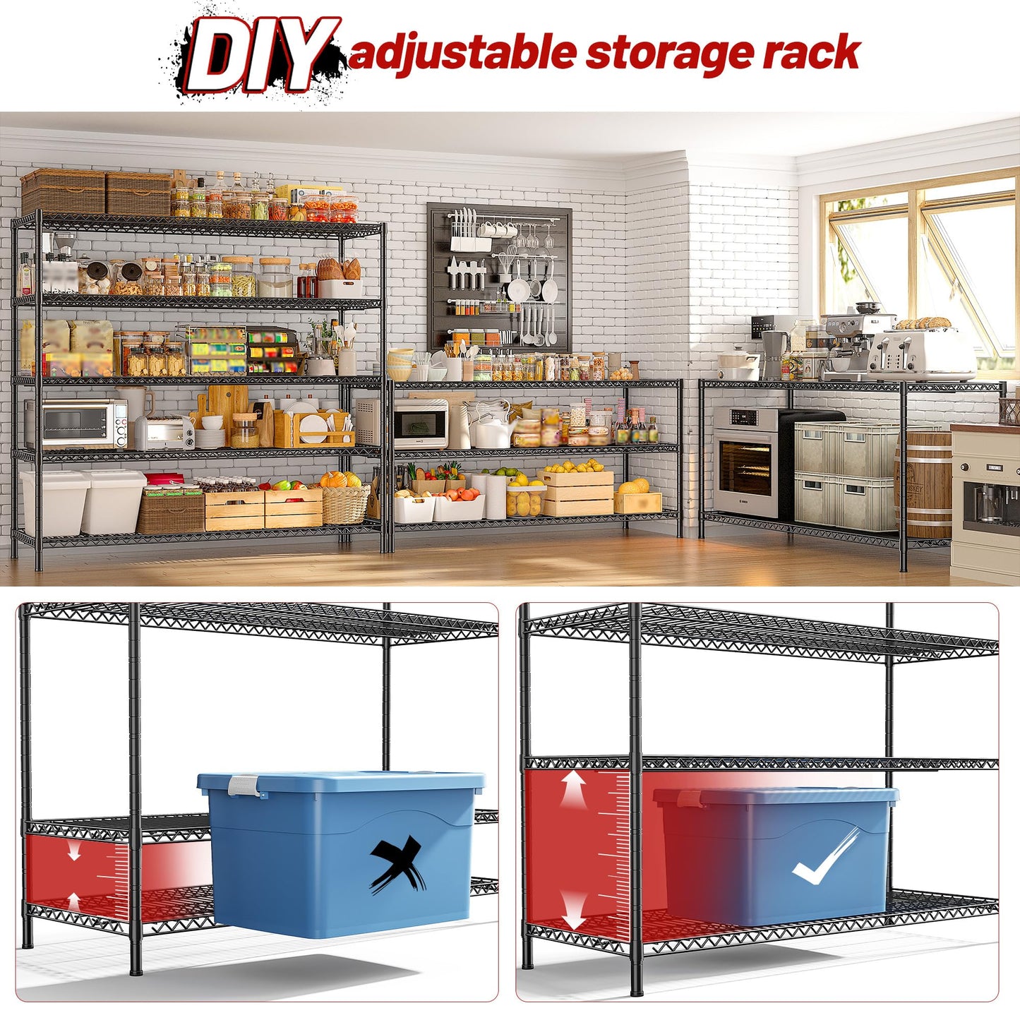REIBII 55.5" W Storage Shelves 3200LBS Wire Shelving Unit 5 Tier Metal Shelving Garage Shelving 2PCS Heavy Duty Metal Shelves for Storage Rack Commercial Adjustable Pantry Shelf
