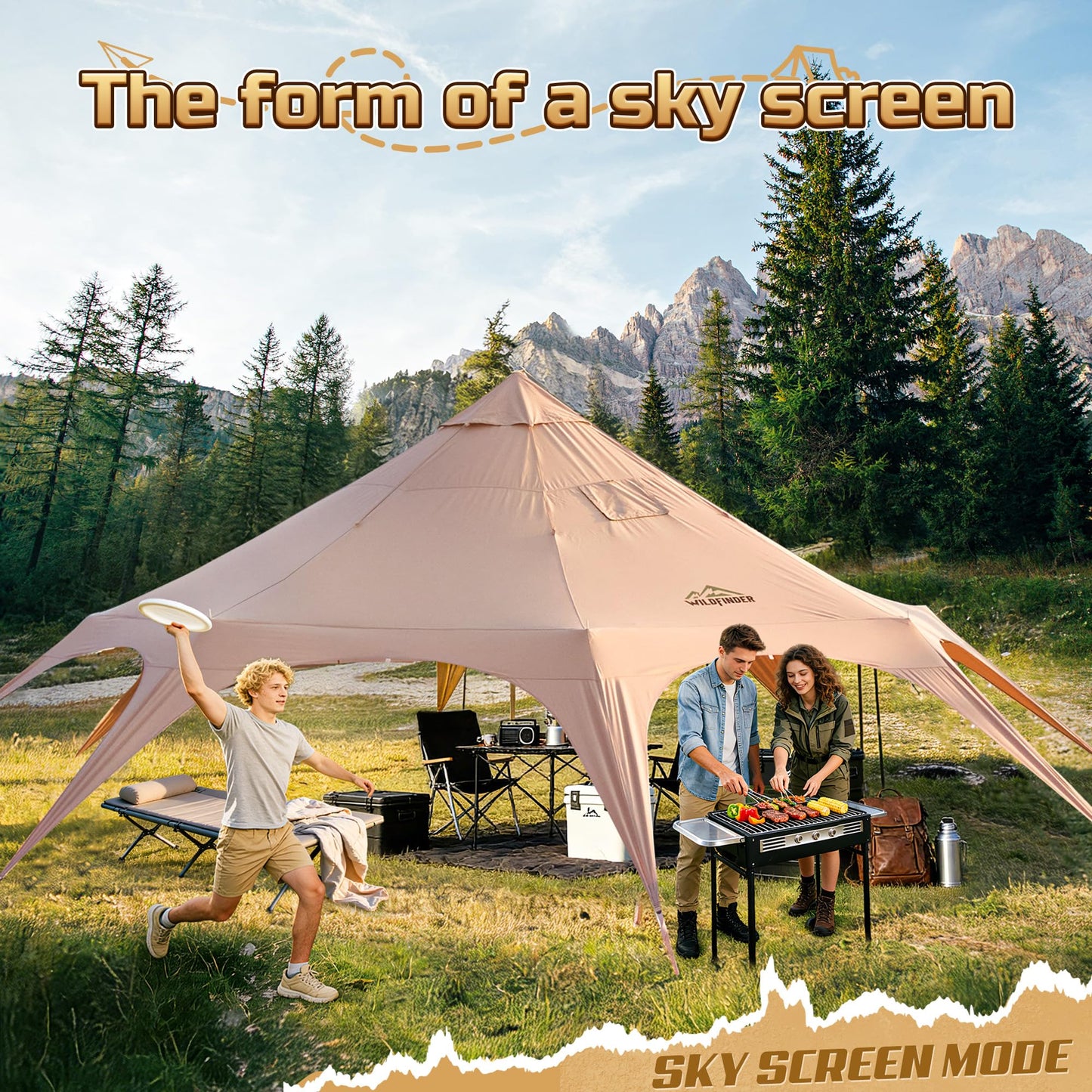 WildFinder 16.5ft Canvas Bell Tent, Large Yurt Tent with Stove Jack for Camping & Glamping, 55" High Walls, Maximum Space, Waterproof 4 Season Hot Tent with 8 Mesh Windows & Removable Floor