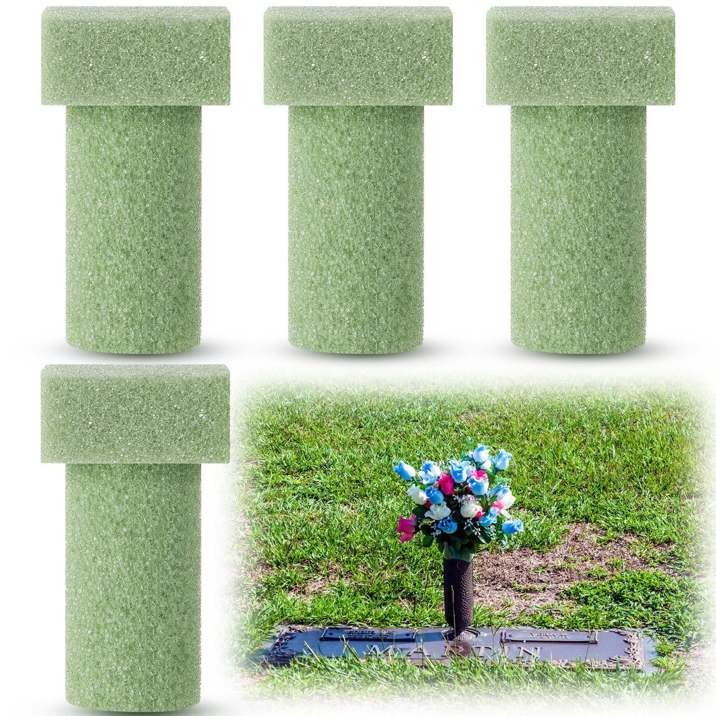 Chunful 4 Pieces Floral Foam Vase Insert 3. 25 x 6 Inch Cemetery Vase Inserts Recycled Floral Foam Cemetery vases for Grave Artificial Flowers Home Florist Headstone Decoration Flower Arrangements