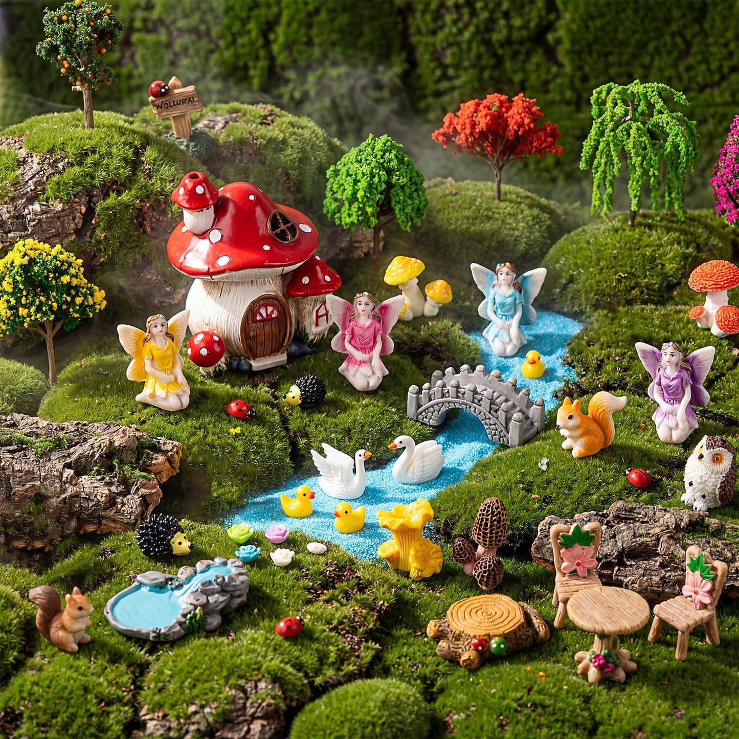Poen 70 Pcs Fairy Garden Accessories Mini Garden Kit Miniature Fairy Figurines Landscape Decor with Mini Bridge Pond Mountain House Figurines Swan Ladybug Butterfly Figures Bulk for Dollhouse Craft