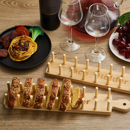 Pinkunn 4 Pcs Bamboo Taco Tray Holder Holds 8 Rack Tray Soft or Hard Shell Tacos Food Serving Stand for Tortillas Burritos Kitchen Accessory Housewarming Gift