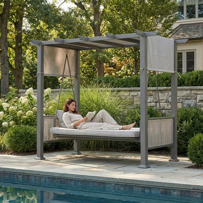 Pamapic 2-in-1 Convertible Porch Swing Bed, 3-Seat Elegant Patio Swing with Wicker Armrests, Outdoor Chair with Adjustable Canopy for Balcony, Garden, and Poolside, Gray