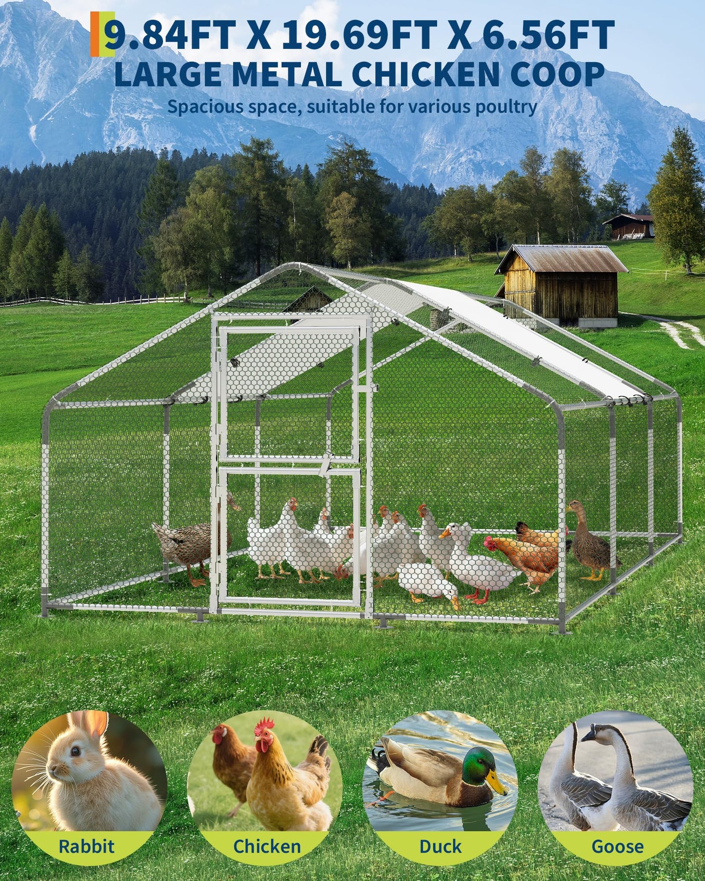 Large Metal Chicken Coop, 9.8' W x 19.7' L x 6.6' H Walk-in Poultry Cage, Chicken Run Pen House with Waterproof & Anti-Ultraviolet Cover & Lockable Doors for Outdoor