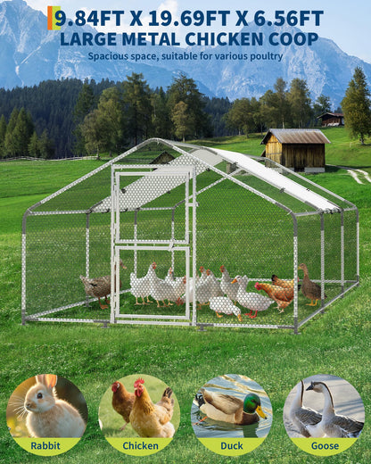Large Metal Chicken Coop, 9.8' W x 19.7' L x 6.6' H Walk-in Poultry Cage, Chicken Run Pen House with Waterproof & Anti-Ultraviolet Cover & Lockable Doors for Outdoor