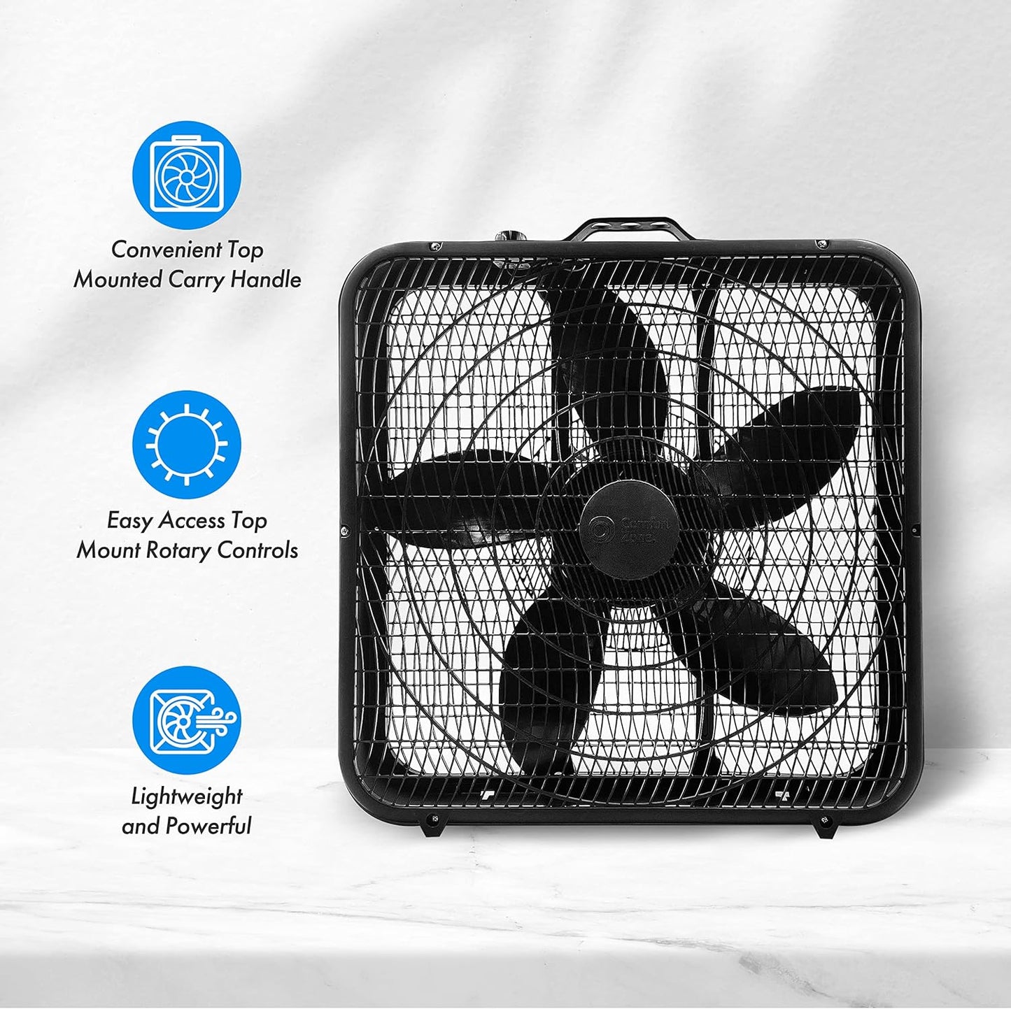 Comfort Zone 20 Inch Box Fan - 3 Speed Full-Force Air Circulation with Carry Handle, Ideal for Home