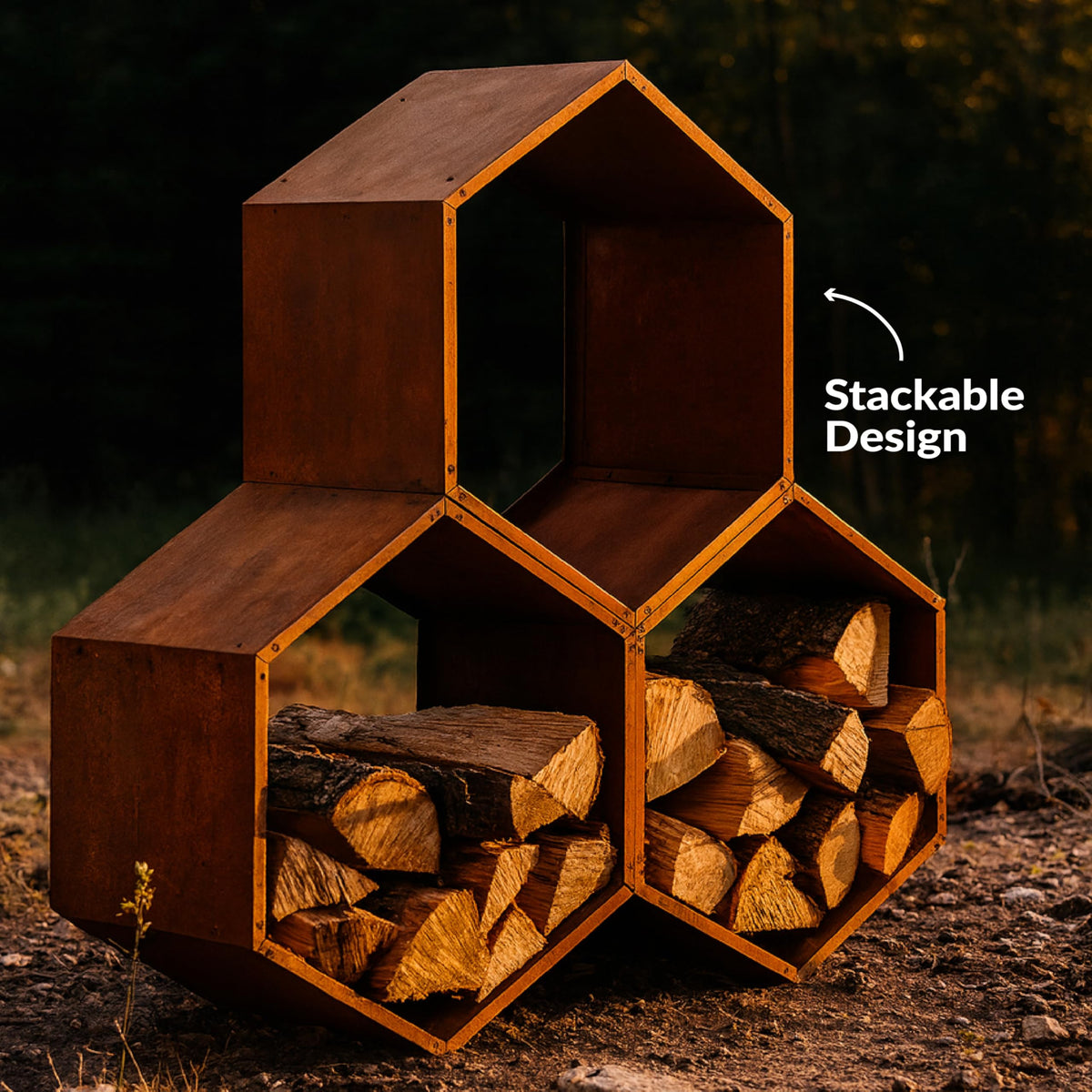 Sunnydaze Outdoor Firewood Rack - Rustic Fire Wood Holder - Sturdy Hexagon Log Holder - Steel Log Rack for Outdoor Firewood Storage