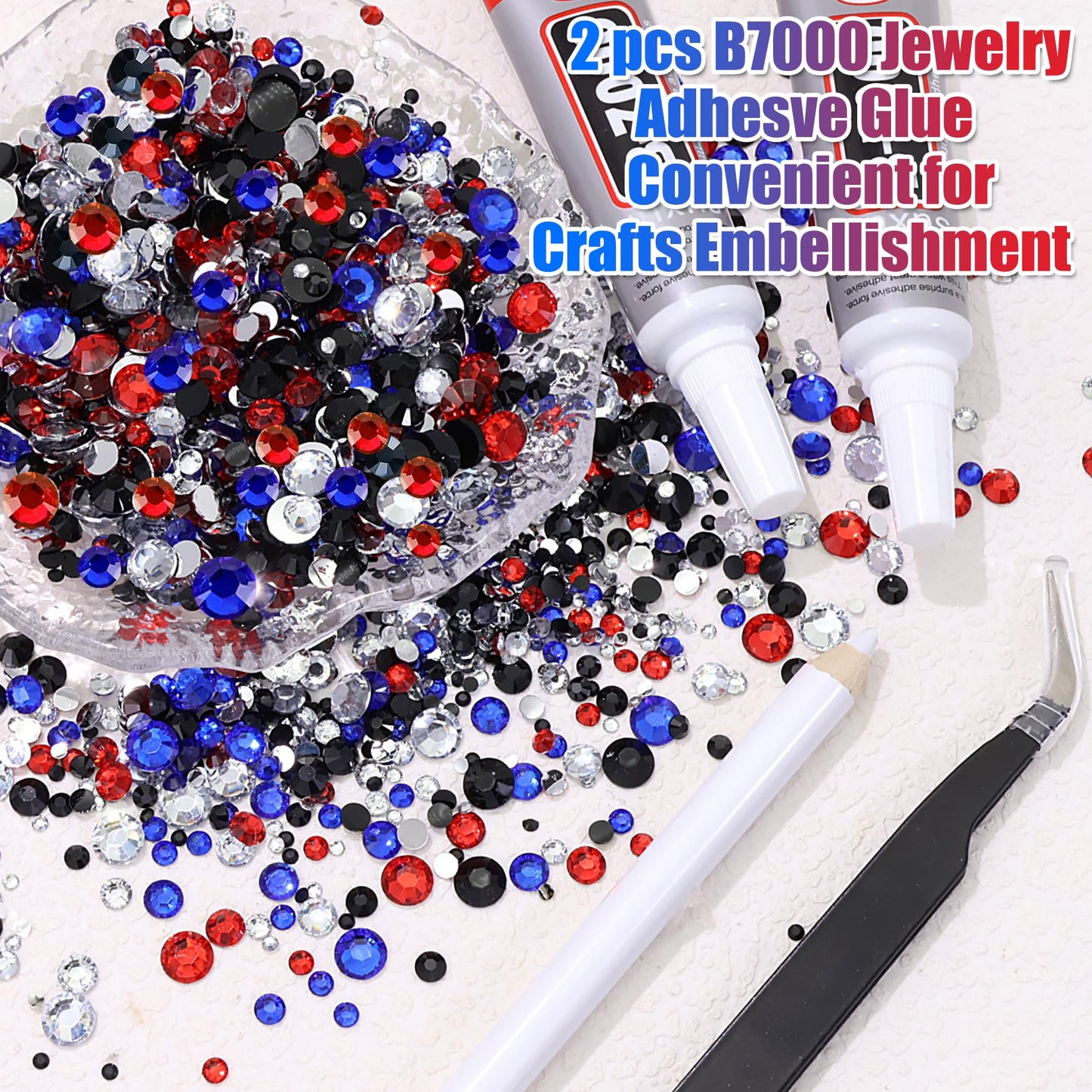 RODAKY Blue Red Rhinestone Flatback Resin Gems Mixed Size Resin Rhinestones for Bedazzling 4th of July Crystal Jewels Clear Black Gem Beads for Crafting Design Face Makeup Clothing