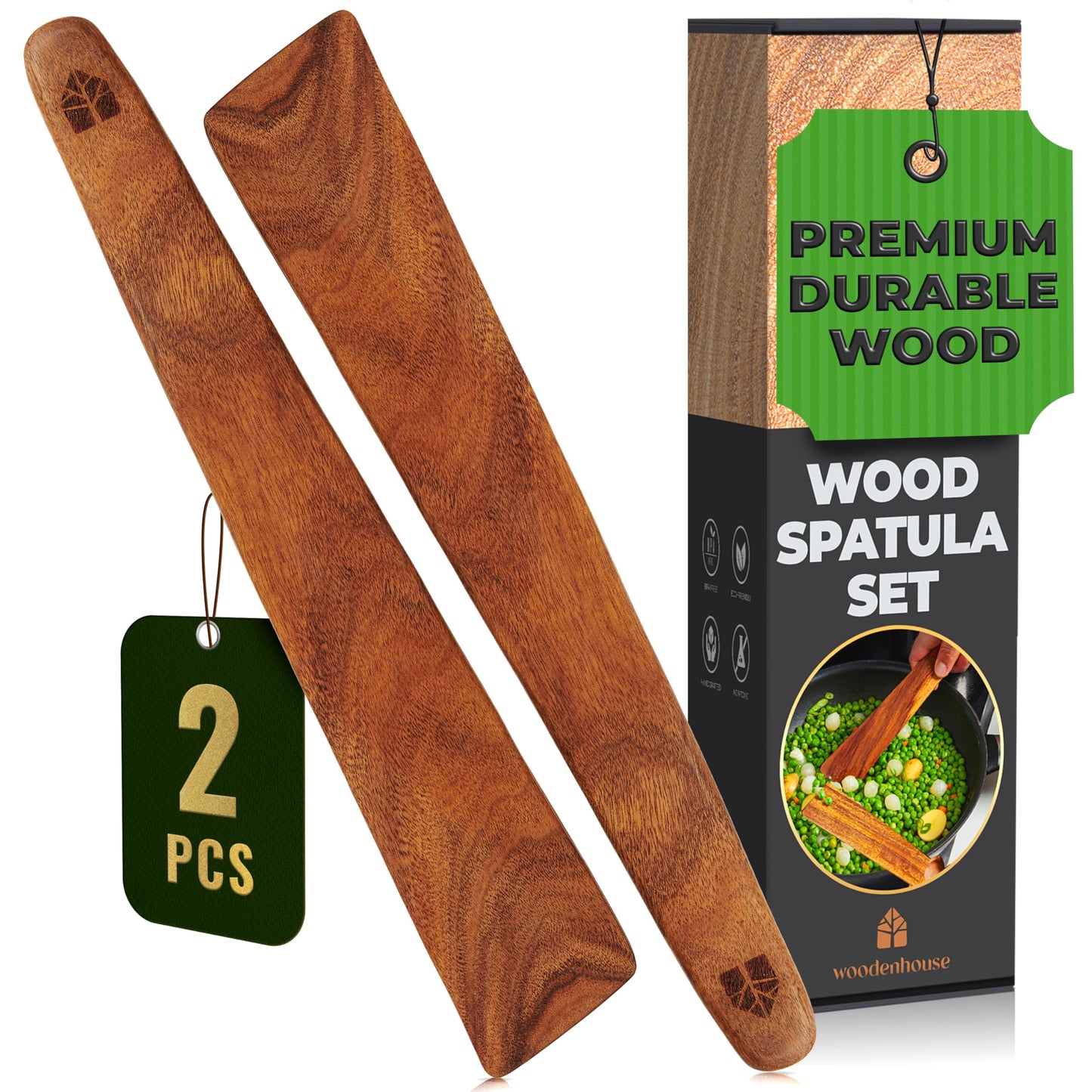 Wooden Spatula for Cooking Set of 2-12 Inch Teak Spatula for Non Stick Frying Pan - Turner & Flipper for Cast Iron, Egg & Pancake Scraper - BPA Free & Heat Resistant Wooden Cooking Utensils