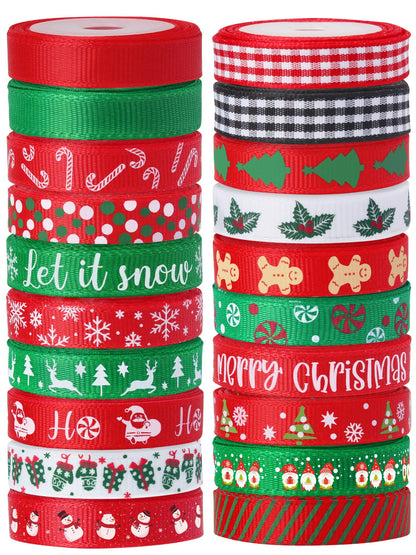 Vloso 20 Rolls 100 Yards Christmas Ribbon for Gift Wrapping,3/8 Inch Christmas Grosgrain Ribbon,Christmas Ribbon for Crafts DIY Holiday Christmas Decorations