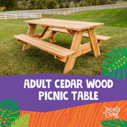 Jack and June Premium Cedar Wood Rectangular Picnic Table Easy Assembly Rounded Corners Comfortable for Kids and Adults