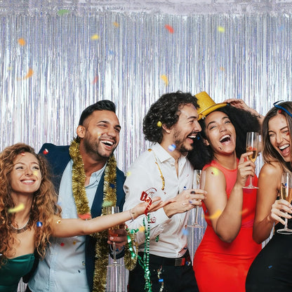 Skiennix Silver Metallic Tinsel Foil Curtains - 2 Pack Glitter Fringe Backdrop | 3.28 FT x 7.05 FT for NYE & Birthday Parties