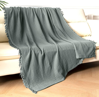 KyraHome 100% Organic Cotton 50"x60" Muslin Blanket for Adults, Couch, Pre-Washed Plant Dyed (Sage Green)