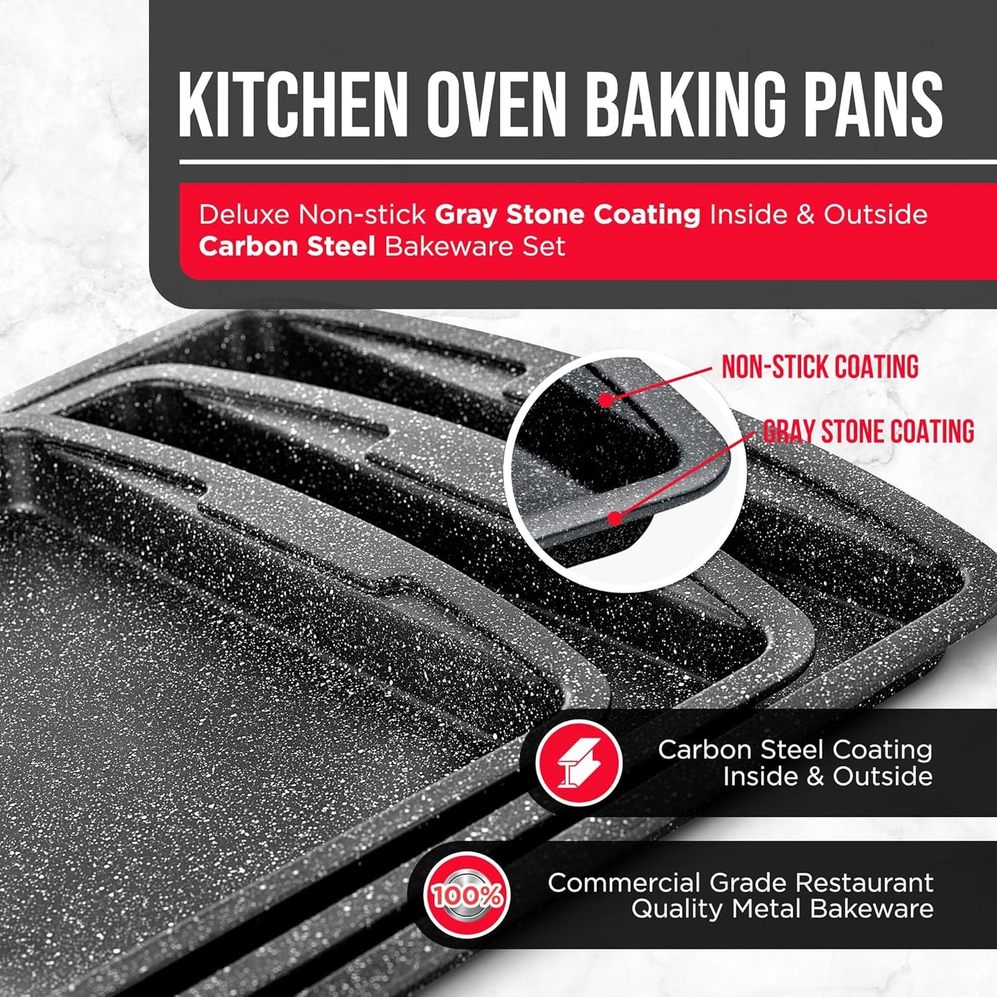 Bakken Swiss Cookie Sheet 3 Piece Set, Non-Stick Stackable Baking Pans with Gray Marble Deluxe Ceramic Coating