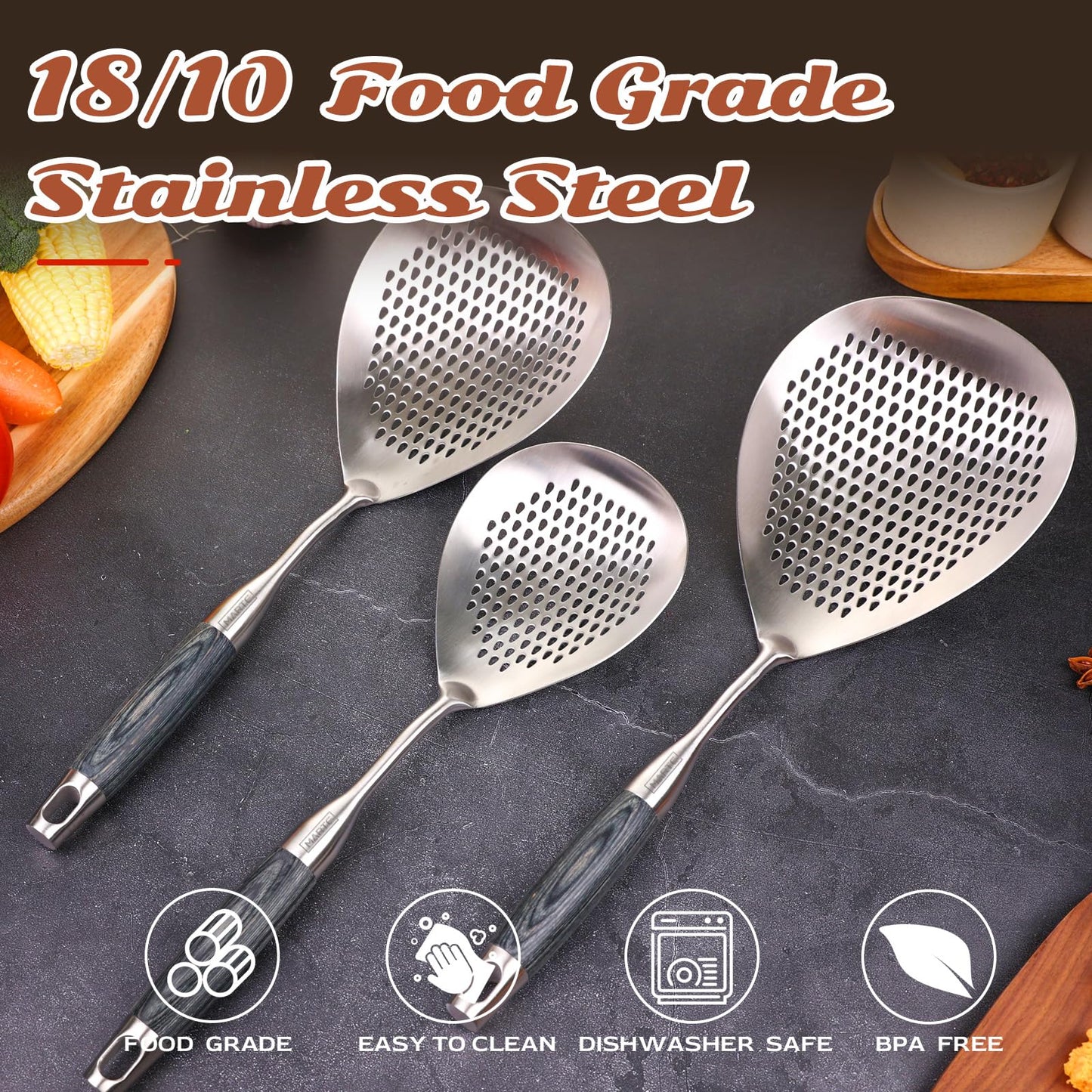 Skimmer Slotted Spoon -16.5in 304 Stainless Steel Pasta Spider Strainer Skimmer Ladle Spoon for Cooking and Frying - Kitchen Metal Scoop Colander Strainer Spoon with Heat Resistant Black Wooden Handle