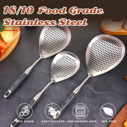 Skimmer Slotted Spoon -16.5in 304 Stainless Steel Pasta Spider Strainer Skimmer Ladle Spoon for Cooking and Frying - Kitchen Metal Scoop Colander Strainer Spoon with Heat Resistant Black Wooden Handle