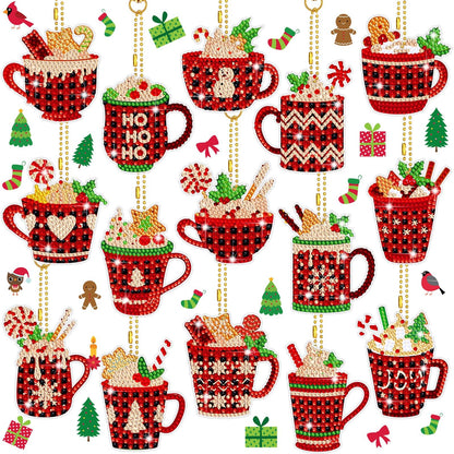BBTO 15 Pcs Christmas Diamond Painting Keychains 5d DIY Hot Cocoa Diamond Art Ornaments Hot Cocoa Buffalo Plaid DIY Crafts for Adult Xmas Hanging Tree Decoration Party Decor Home