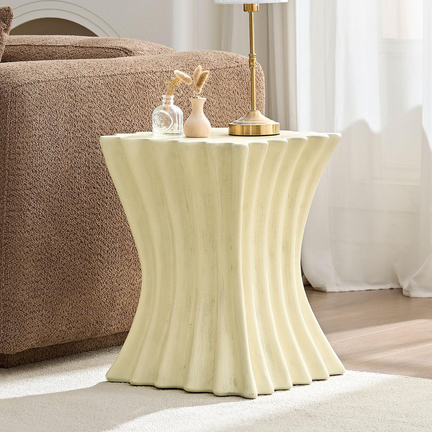 KEIKI 15" Vintage Fiberglass Square Coffee Table, Modern Style Synthetic Resins Sturdy Center Side Table, No Assembly Required, for Living Room, Bedroom, Reception Room, Office, Cream