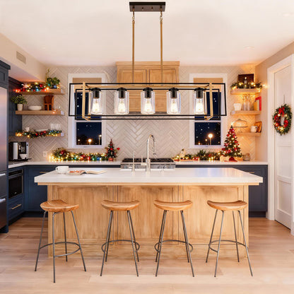 Lucidce 5-Light Farmhouse Chandelier Black and Brass Kitchen Island Lighting with Clear Glass Shades, Rectangular Chandeliers for Kitchen or Dining Room