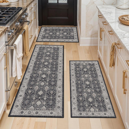 Skiennix Kitchen Rug Set - Farmhouse Washable Non-Slip Mats for Sink & Stove | Soft Cozy Runners (2x3, 2x4, 2x5, Black)