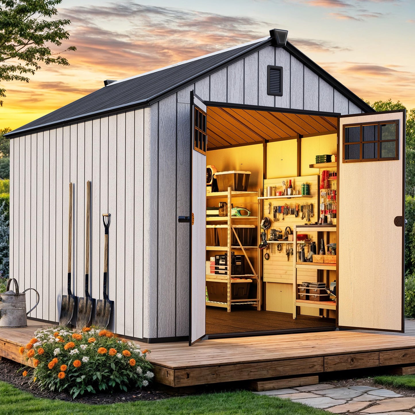 YITAHOME 8x10 FT Outdoor Storage Shed with Floor, Extra Thick Plastic Garden Shed for Bikes, Tools and Pool Supplies, Outdoor Resin Shed with Door Window Insert & Vents for Patio, Lawn, Backyard, Gray