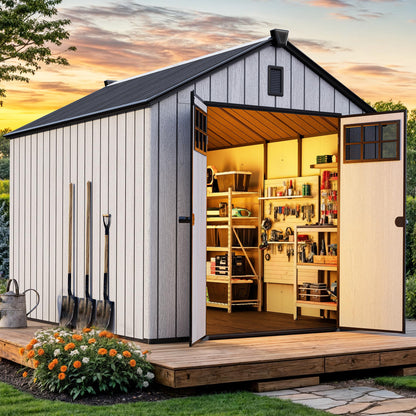 YITAHOME 8x10 FT Outdoor Storage Shed with Floor, Extra Thick Plastic Garden Shed for Bikes, Tools and Pool Supplies, Outdoor Resin Shed with Door Window Insert & Vents for Patio, Lawn, Backyard, Gray
