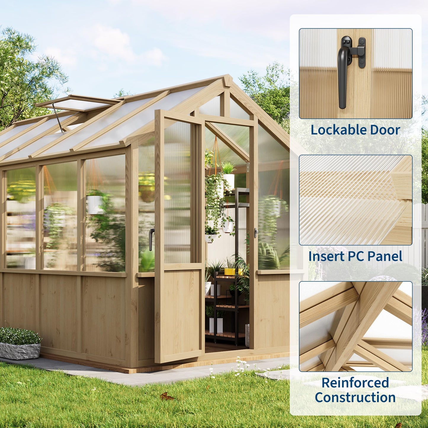 6x10 FT Greenhouse - Large Wooden Greenhouses for Outdoors, Heavy Duty Spruce Frame Greenhouse with PC Panels, Adjustable Roof Vents & Lockable Door, Walk-in Green Houses for Garden, Backyard, Patio