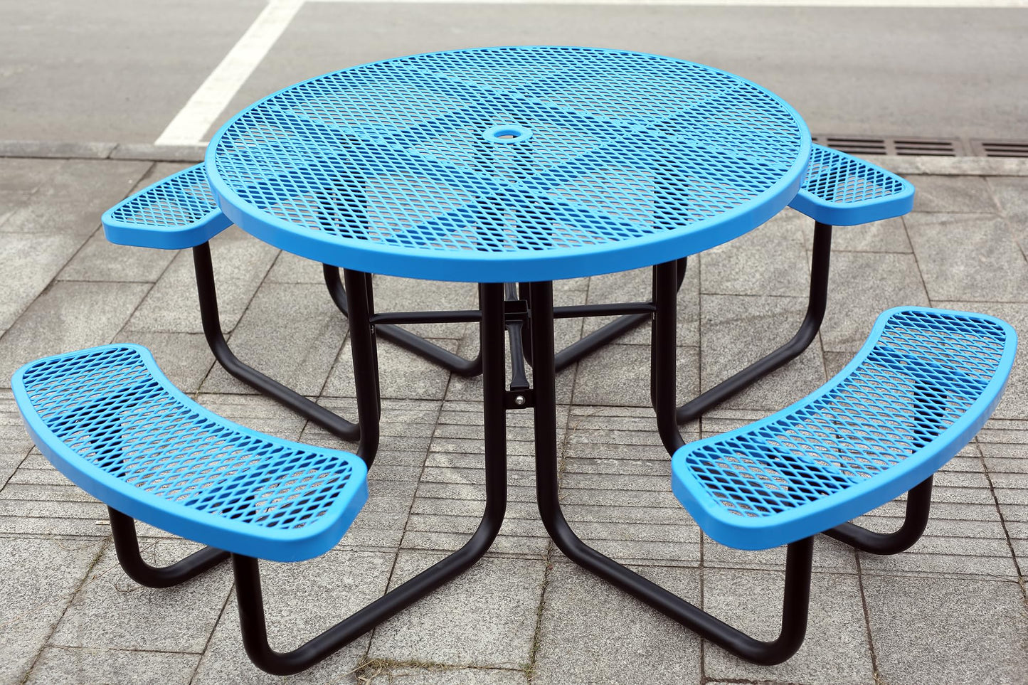 Sunnibety 8-Person Picnic Tables for Outdoors, Industrial 46" Expanded Metal Round Picnic Table with 4 Benches & Umbrella Hole, Outside Table and Bench Set for Park, Garden, Backyard, Patio, Blue