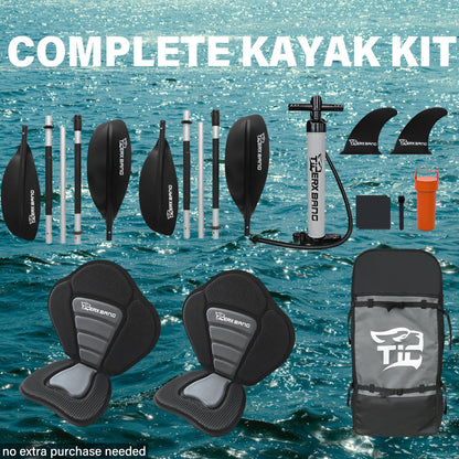 TIGERXBANG 12'8" Inflatable Tandem Kayak, Fishing & Touring, 2 Seats, Adjustable Paddle, Perfect for Family Adventures & Fishing, Includes Backpack & Repair Kit