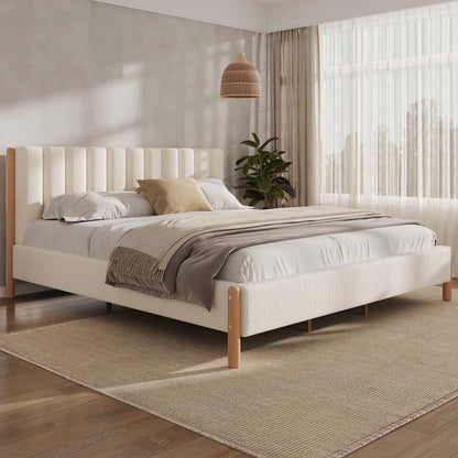 Merax King Size Bed Frame with Boucle Upholstered Thick Headboard, Solid Wooden Legs, No Box Spring Needed, for Bedroom Apartment, White