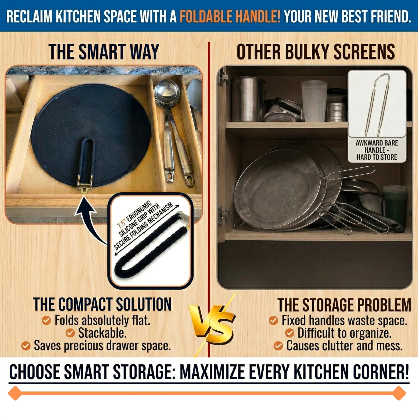 Silicone Splatter Screen for Frying Pan, 13” Navy – Grease & Oil Splatter Guard, Heat Resistant, Dishwasher Safe, Foldable Handle with Sleeves – Splash Guard Fits 10–12” Pans, Most 13” Skillets