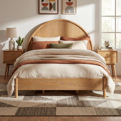 Christopher Knight Home Elsinore Queen Size Bed Frame with Arched Headboard, Modern Wooden Platform Bed, Wood Bed Support and Slats, No Box Spring Needed, Queen Size Beds for Adult, Natural Oak