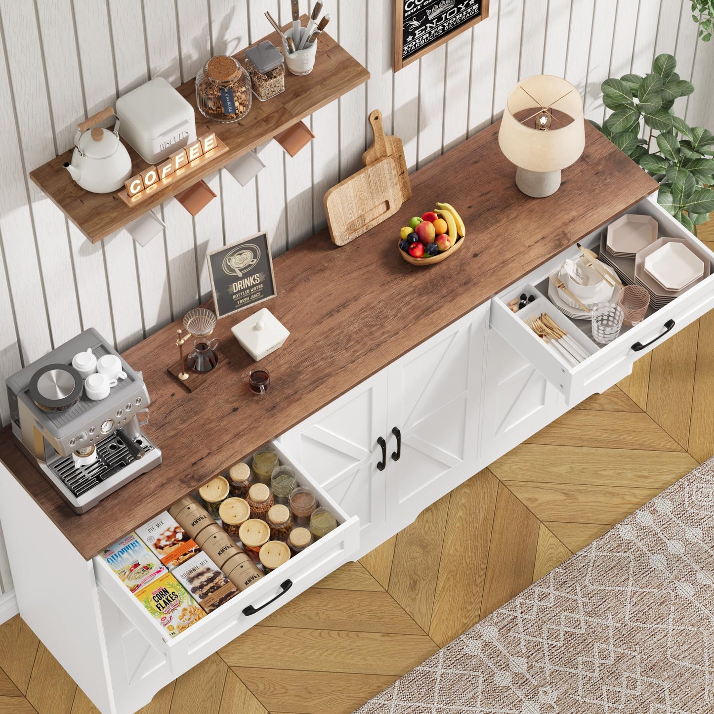 BOTLOG 71” Large Sideboard Buffet Cabinet with Storage, Farmhouse Kitchen Buffet Cabinet with Adjustable Shelves and 6 Barn Doors, Wood Coffee Wine Bar Console Table for Kitchen, Dining Room, White