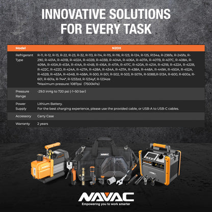 NAVAC N2DX FLEX-X Manifold Gauge Set -HD Color Graphic Interface, Digital Display, A2L Compatible, 72 Refrigerant Support, Rechargeable 100hr Battery, Durable Aluminum Body -Ideal for HVAC Technicians