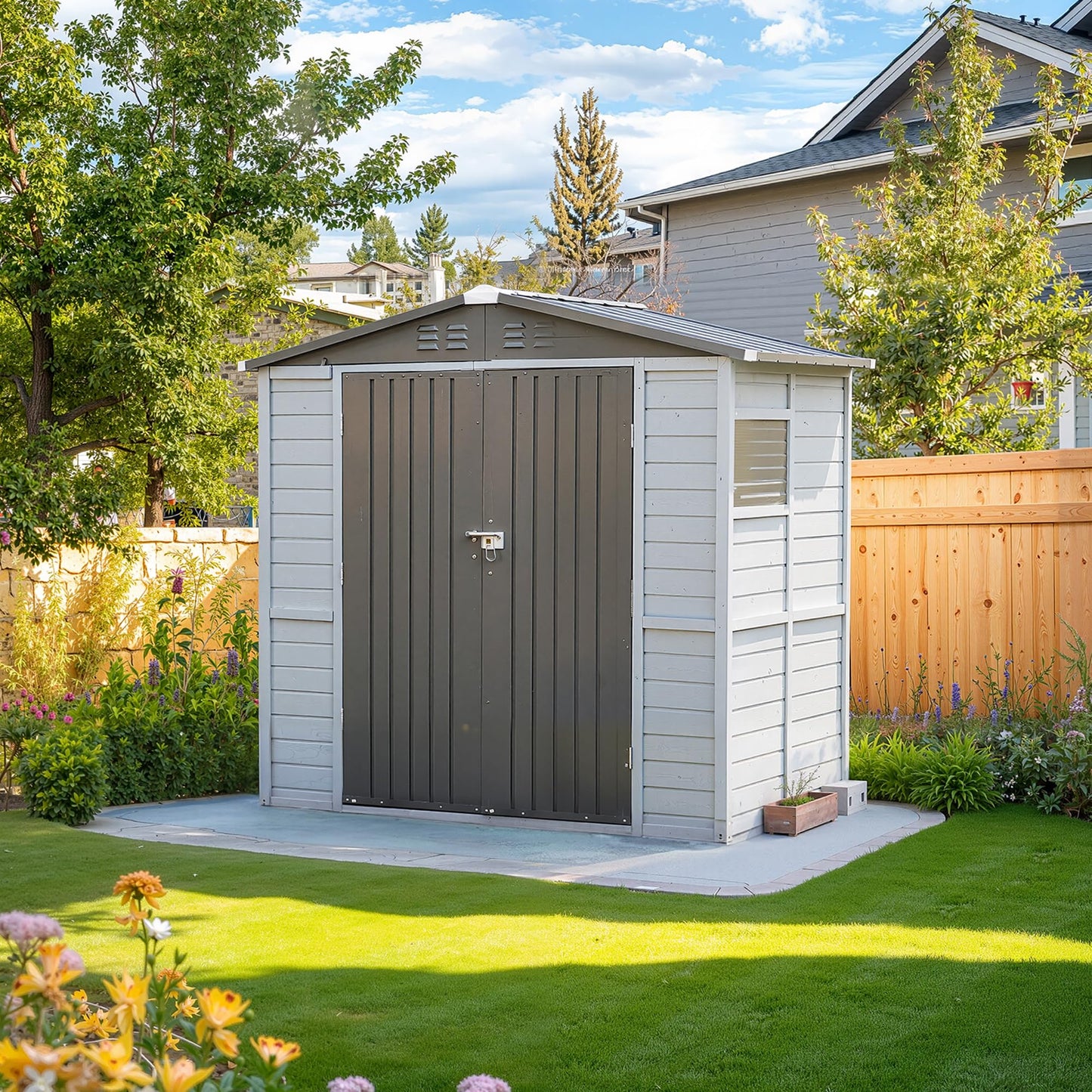 Jaxenor 6x4 FT Outdoor Wood Storage Shed, Garden Tool Shed with Windows, Outside Storage Shed Waterproof for Backyard, Garden, Patio, 4 Vents (Without Floor) Gray