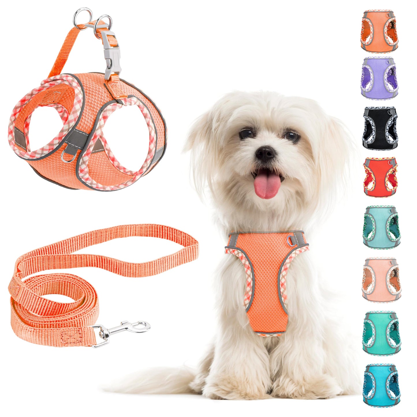 No Pull Dog Harness and Leash Set - Adjustable Reflective Breathable Mesh Step in Easy Walk for Extra Small/Small Medium Cats Puppy Outdoor Hiking Training (Orange L)